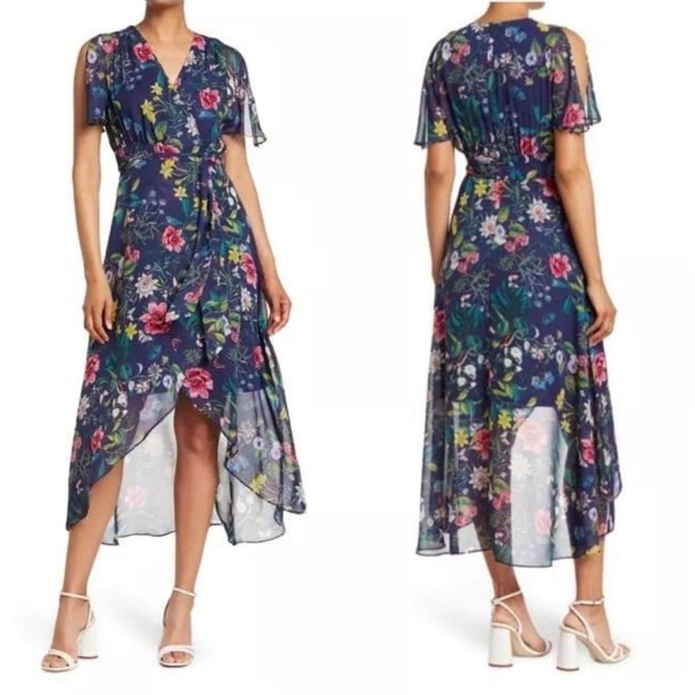 Eliza J Womens New Size 2 Floral Wrap Style Maxi Dress Short Sleeve High Low Hem